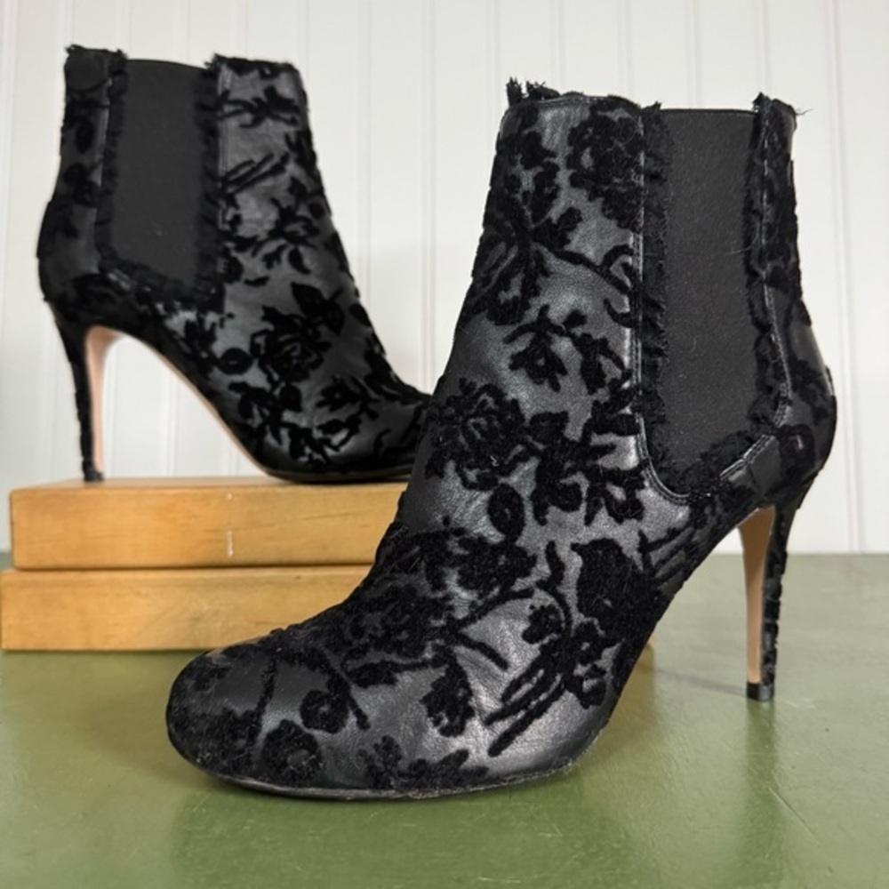 Red by Valentino Floral Velvet Flocked Heeled Chelsea Boots in Black *Italy*